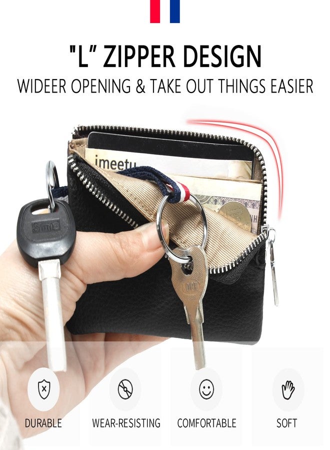 imeetu Leather Coin Purse Wallet, Mini Dual Keyrings Change Pouch Card Holder for Men Women (Black, large) - Image 3